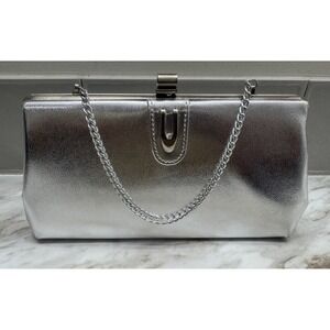 Vintage 1960s Silver‎ Purse Clutch Evening Prom Handbag Art Deco Clasp